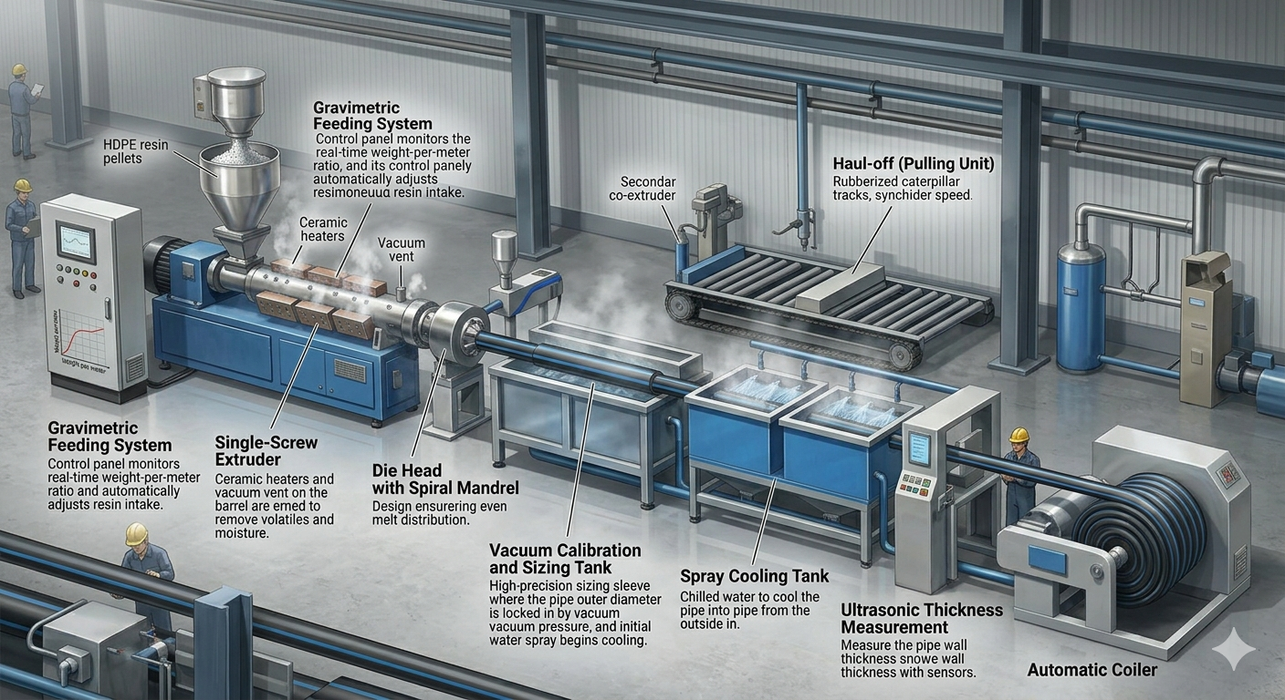 The production of High-Density Polyethylene (HDPE) water pipes using modern extrusion lines The production of High-Density Polyethylene (HDPE) water pipes using modern extrusion lines